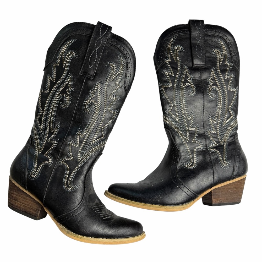 HISEA Black Mid Calf Women’s Western Cowgirl Pointed Toe Boots Size 8.5